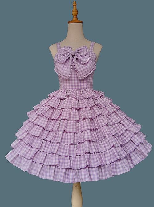 Multi-Layered Cake Skirt Series Bowknot Decoration Plaid Print Daily All-Match Classic Lolita Sleeveless Dress