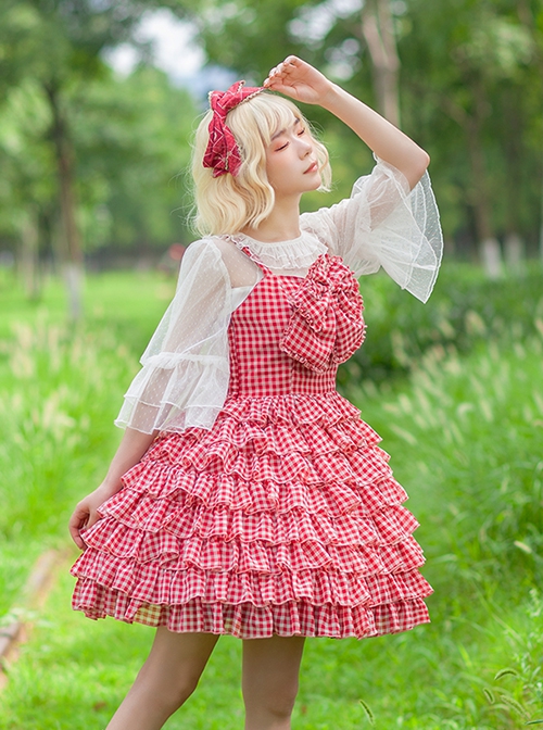 Multi-Layered Cake Skirt Series Bowknot Decoration Plaid Print Daily All-Match Classic Lolita Sleeveless Dress