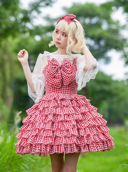 Multi-Layered Cake Skirt Series Bowknot Decoration Plaid Print Daily All-Match Classic Lolita Sleeveless Dress