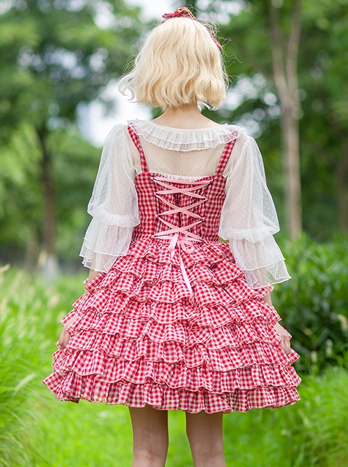 Multi-Layered Cake Skirt Series Bowknot Decoration Plaid Print Daily All-Match Classic Lolita Sleeveless Dress