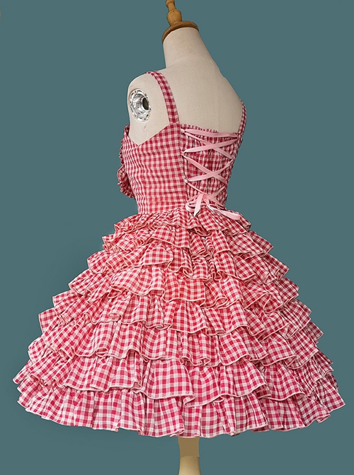 Multi-Layered Cake Skirt Series Bowknot Decoration Plaid Print Daily All-Match Classic Lolita Sleeveless Dress