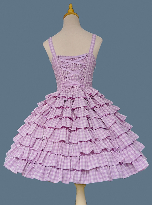 Multi-Layered Cake Skirt Series Bowknot Decoration Plaid Print Daily All-Match Classic Lolita Sleeveless Dress