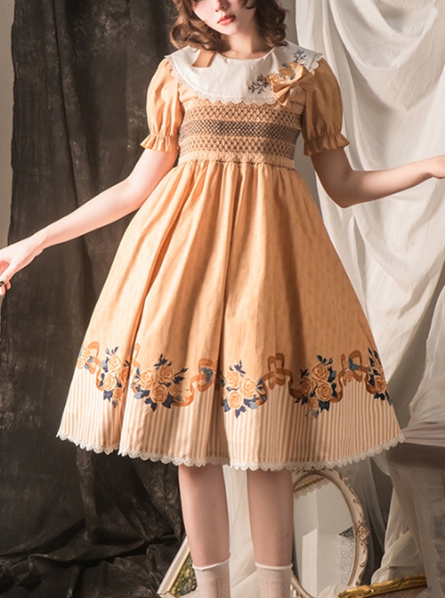 Pastoral Style Round Neck Rose Embroidery Floral Stripe Stitching Pure Color Classic Lolita Short Sleeved Dress