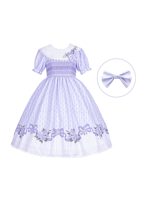 Pastoral Style Round Neck Rose Embroidery Floral Stripe Stitching Pure Color Classic Lolita Short Sleeved Dress