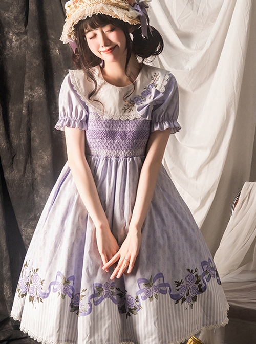 Pastoral Style Round Neck Rose Embroidery Floral Stripe Stitching Pure Color Classic Lolita Short Sleeved Dress