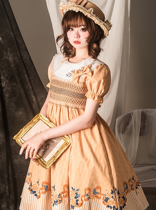 Pastoral Style Round Neck Rose Embroidery Floral Stripe Stitching Pure Color Classic Lolita Short Sleeved Dress