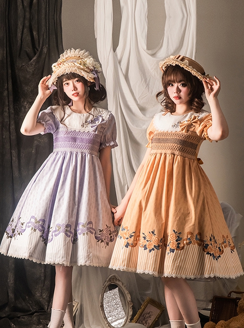 Pastoral Style Round Neck Rose Embroidery Floral Stripe Stitching Pure Color Classic Lolita Short Sleeved Dress