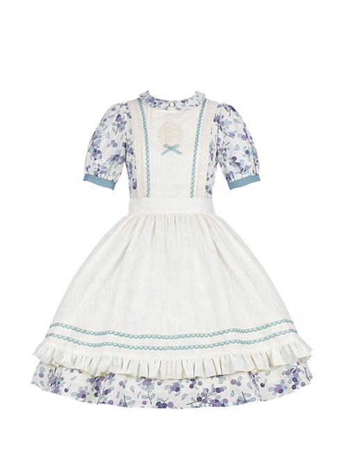 Pastoral Style Blueberry Print Detachable Apron Cute Puff Sleeve Sweet Lolita Short Sleeve Dress Set