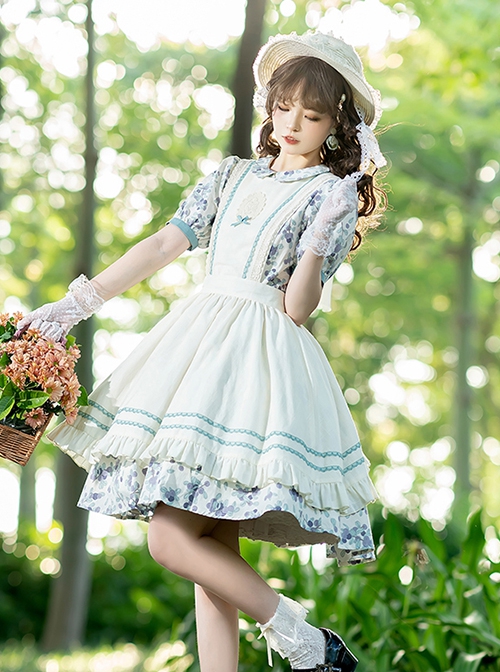 Pastoral Style Blueberry Print Detachable Apron Cute Puff Sleeve Sweet Lolita Short Sleeve Dress Set