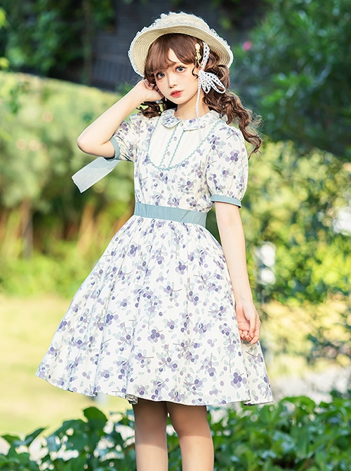 Pastoral Style Blueberry Print Detachable Apron Cute Puff Sleeve Sweet Lolita Short Sleeve Dress Set