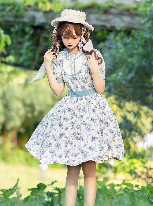 Pastoral Style Blueberry Print Detachable Apron Cute Puff Sleeve Sweet Lolita Short Sleeve Dress Set