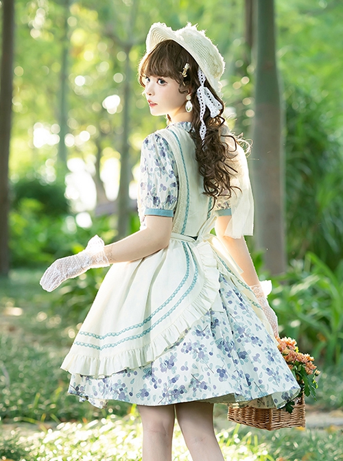 Pastoral Style Blueberry Print Detachable Apron Cute Puff Sleeve Sweet Lolita Short Sleeve Dress Set