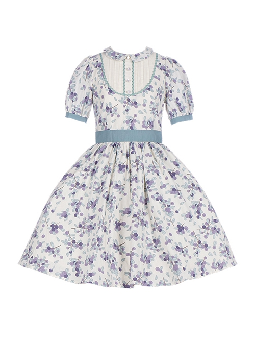 Pastoral Style Blueberry Print Detachable Apron Cute Puff Sleeve Sweet Lolita Short Sleeve Dress Set