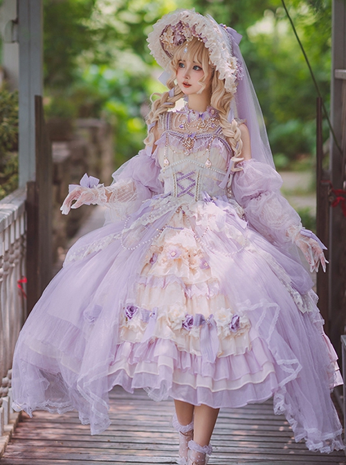 Spring Day Gift Box Series Tea Party Purple Ornate Bead Chain Stereoscopic Flower Decoration Chiffon Classic Lolita Sleeveless Dress