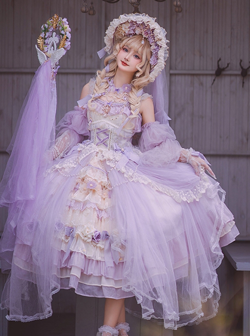 Spring Day Gift Box Series Tea Party Purple Ornate Bead Chain Stereoscopic Flower Decoration Chiffon Classic Lolita Sleeveless Dress