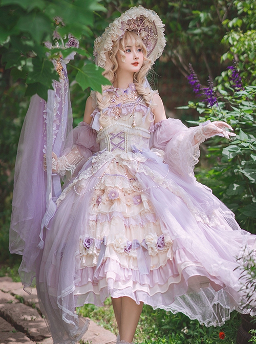 Spring Day Gift Box Series Tea Party Purple Ornate Bead Chain Stereoscopic Flower Decoration Chiffon Classic Lolita Sleeveless Dress