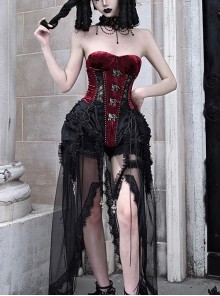 Hell Alice Series Gothic Style Sexy Black Red Velvet Binding Band Fishbone Corset Set