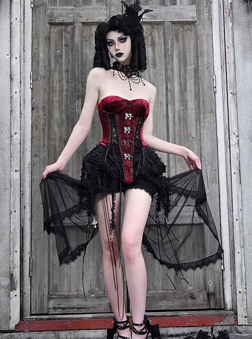 Hell Alice Series Gothic Style Sexy Black Red Velvet Binding Band Fishbone Corset Set