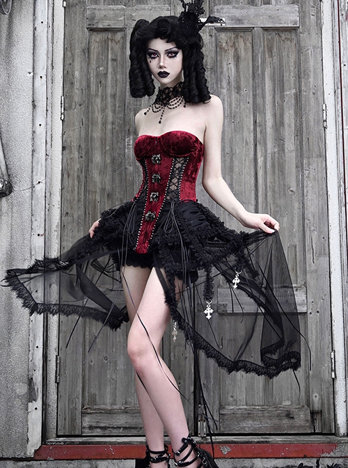 Hell Alice Series Gothic Style Sexy Black Red Velvet Binding Band Fishbone Corset Set