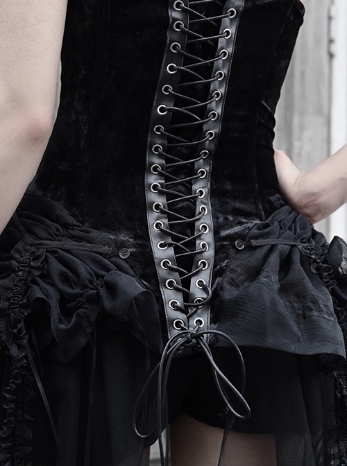 Hell Alice Series Black Velvet Perspective Stitching Binding Band Gothic  Style Fishbone Corset Set