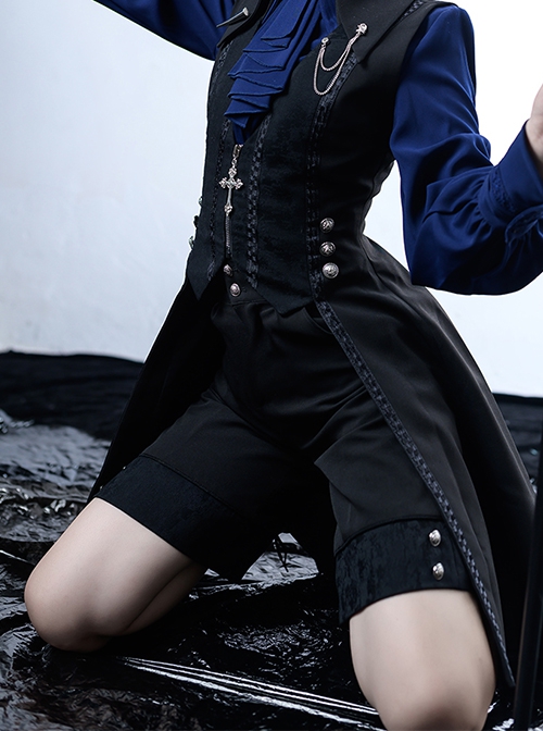 Black And Blue Series Ouji Fashion Casual Retro Little Prince Lolita Straight Jacquard Black Suit Short Pants