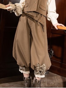 Secret Morning Post Series Lantern Design Trouser Legs Ouji Fashion Retro Cute Sweet Cool Plaid Bownot Coffee Color Women Cropped Pants