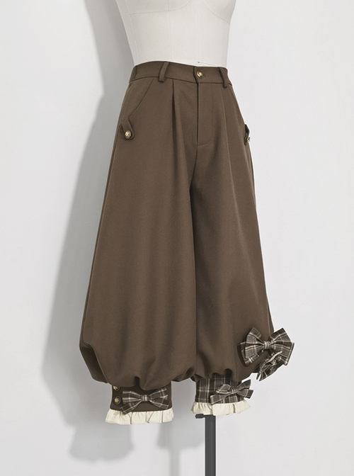 Secret Morning Post Series Lantern Design Trouser Legs Ouji Fashion Retro Cute Sweet Cool Plaid Bownot Coffee Color Women Cropped Pants