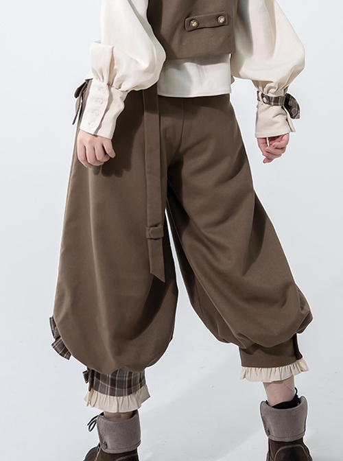 Secret Morning Post Series Lantern Design Trouser Legs Ouji Fashion Retro Cute Sweet Cool Plaid Bownot Coffee Color Women Cropped Pants