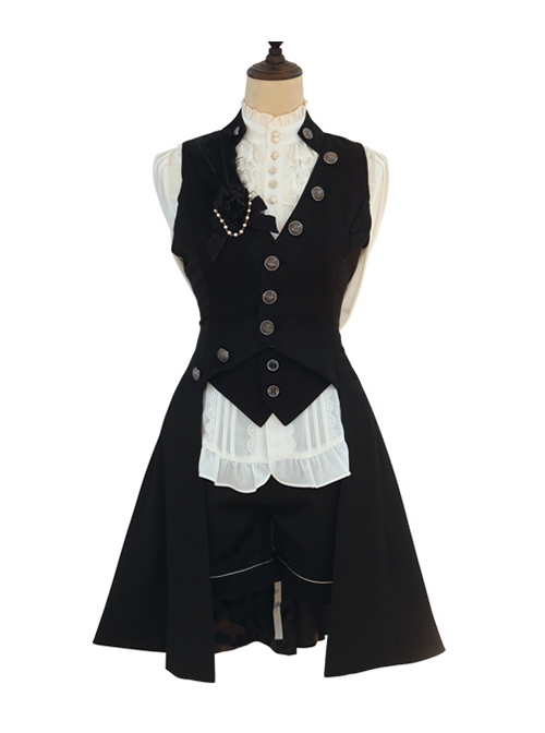 Eternal Poetry Of True Night Series Retro Elegant And Handsome Ouji Fashion Button Black Sleeveless Long Coat