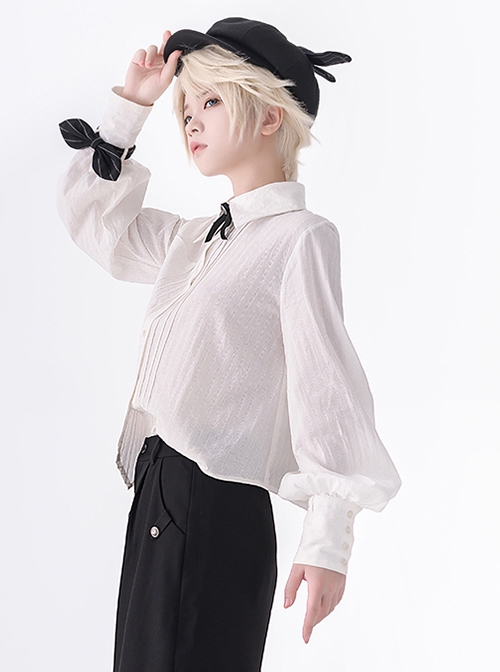 Secret Morning Post Series Ouji Fashion Pale Square Collar Retro Cute Black Bowknot Long Sleeve Shirt