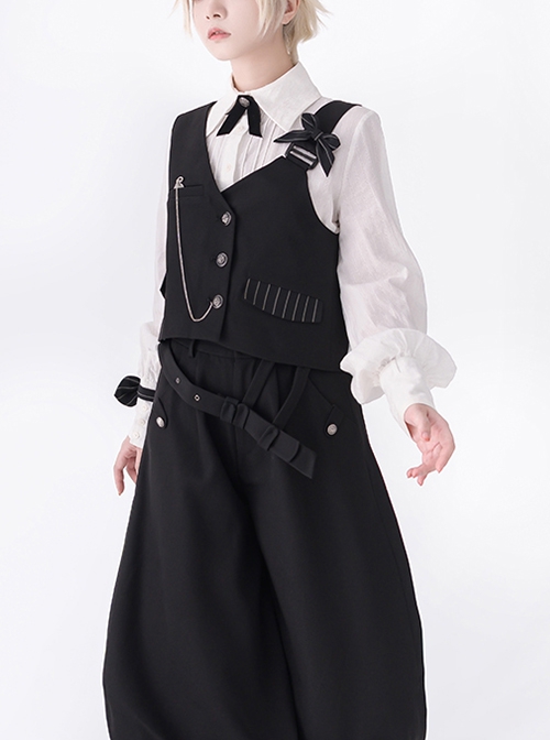 Secret Morning Post Series Dark Version V Neck Design Bowknot Decoration Buttons Ouji Fashion Black Vest