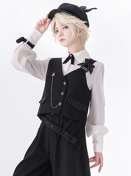 Secret Morning Post Series Dark Version V Neck Design Bowknot Decoration Buttons Ouji Fashion Black Vest