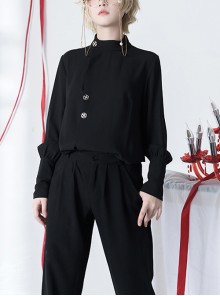 Bucket Turn Series Elegant Vintage Stand Collar Round Neck Gothic Ouji Fashion Metal Button Black Long Sleeve Shirt
