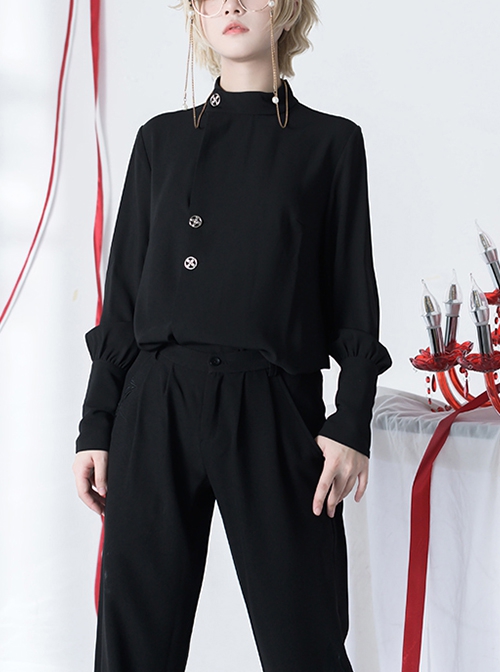 Bucket Turn Series Elegant Vintage Stand Collar Round Neck Gothic Ouji Fashion Metal Button Black Long Sleeve Shirt