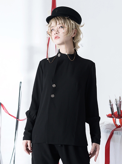 Bucket Turn Series Elegant Vintage Stand Collar Round Neck Gothic Ouji Fashion Metal Button Black Long Sleeve Shirt