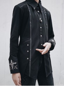 Bat Wings Series Ouji Fashion Vintage Gothic Dark Cuff Back Cross Embroidery Metal Button Black Long Sleeve Shirt