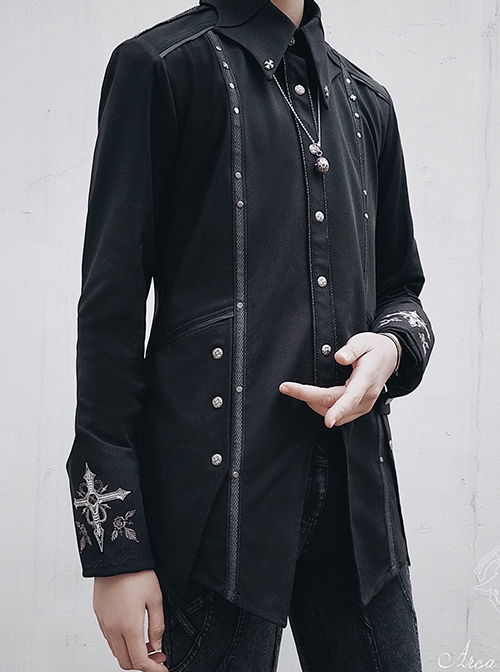 Bat Wings Series Ouji Fashion Vintage Gothic Dark Cuff Back Cross Embroidery Metal Button Black Long Sleeve Shirt