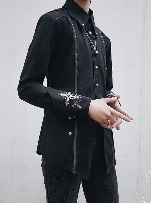 Bat Wings Series Ouji Fashion Vintage Gothic Dark Cuff Back Cross Embroidery Metal Button Black Long Sleeve Shirt