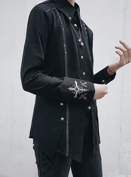 Bat Wings Series Ouji Fashion Vintage Gothic Dark Cuff Back Cross Embroidery Metal Button Black Long Sleeve Shirt
