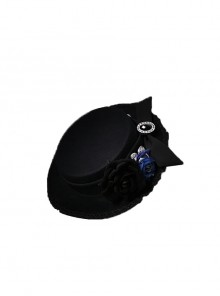 Black and Blue Series Ouji Fashion Gothic Lolita Retro Handmade Flower Gem Bownot Lace Black Top Hat