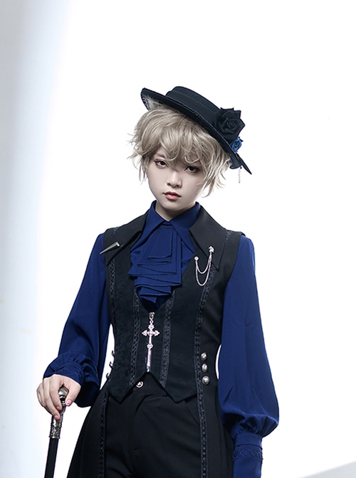 Black And Blue Series Ouji Fashion Gothic Lolita Retro Handmade Flower Gem Bownot Lace Black Top Hat