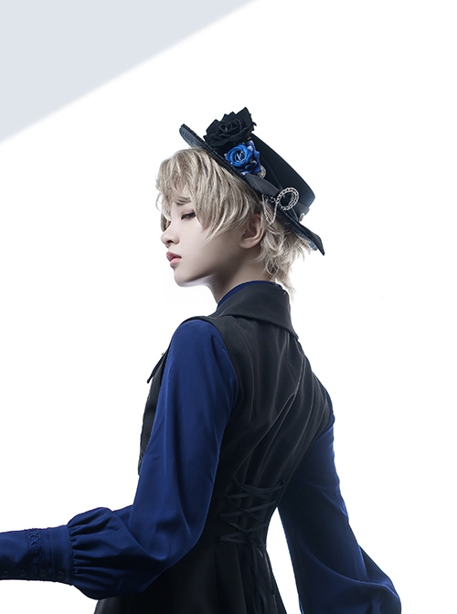 Black And Blue Series Ouji Fashion Gothic Lolita Retro Handmade Flower Gem Bownot Lace Black Top Hat