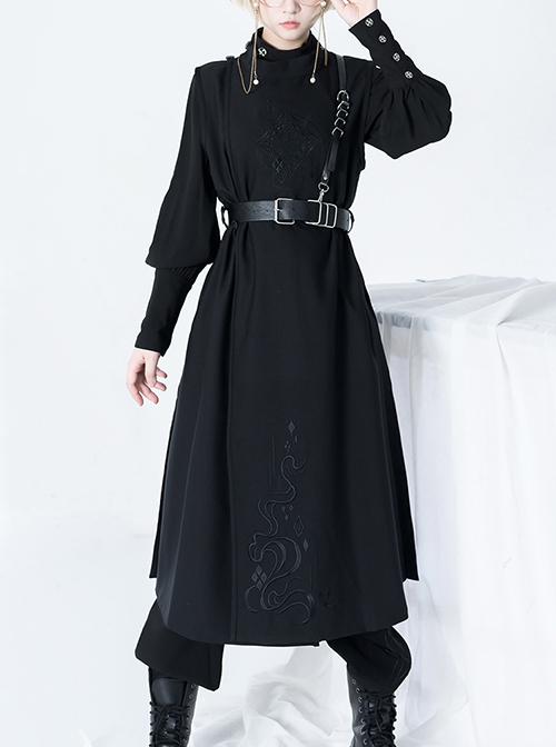 Bucket Turn Series Han Element Round Neck Embroidery Ouji Fashion Sleeveless Black Long Coat Without Shoulder Belt