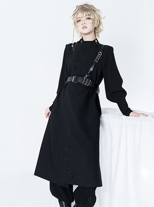 Bucket Turn Series Han Element Round Neck Embroidery Ouji Fashion Sleeveless Black Long Coat Without Shoulder Belt