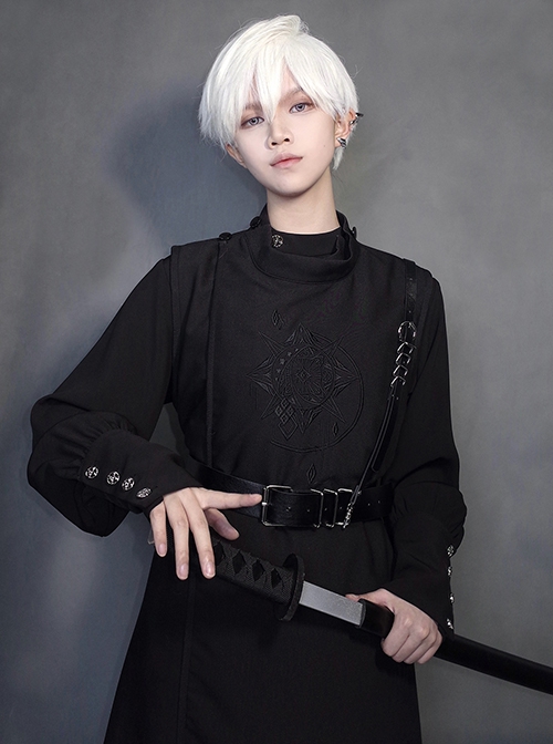 Bucket Turn Series Han Element Round Neck Embroidery Ouji Fashion Sleeveless Black Long Coat Without Shoulder Belt