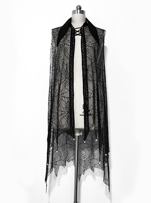 Floating Light Phantom Series Retro Gothic Handsome Ouji Fashion Irregular Hem Black Spider Web Design Sleeveless Shawl