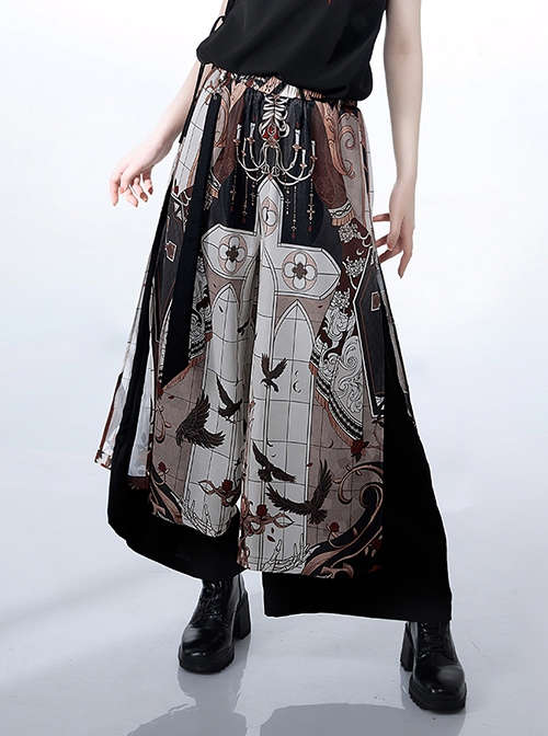 Night Instructions Series Loose Casual Cross Chain Raven Gothic Print With Inside Side Pockets Ouji Fashion Trousers