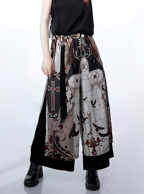 Night Instructions Series Loose Casual Cross Chain Raven Gothic Print With Inside Side Pockets Ouji Fashion Trousers