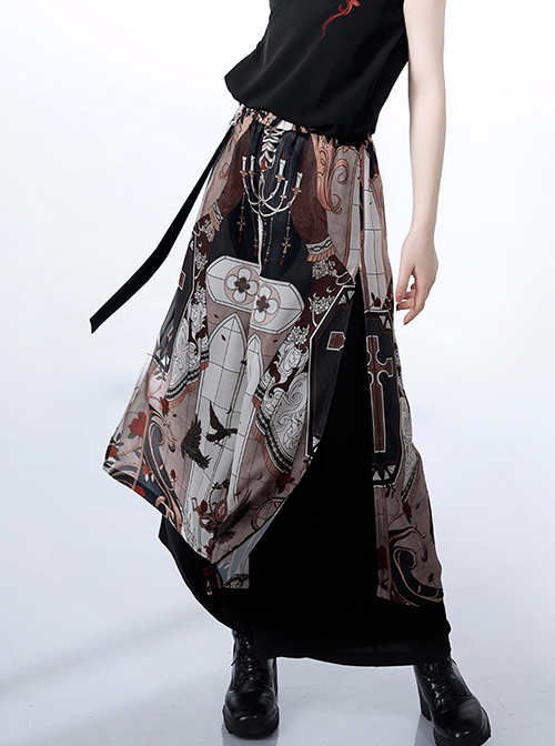Night Instructions Series Loose Casual Cross Chain Raven Gothic Print With Inside Side Pockets Ouji Fashion Trousers
