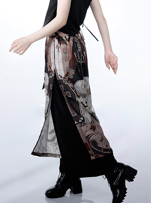 Night Instructions Series Loose Casual Cross Chain Raven Gothic Print With Inside Side Pockets Ouji Fashion Trousers